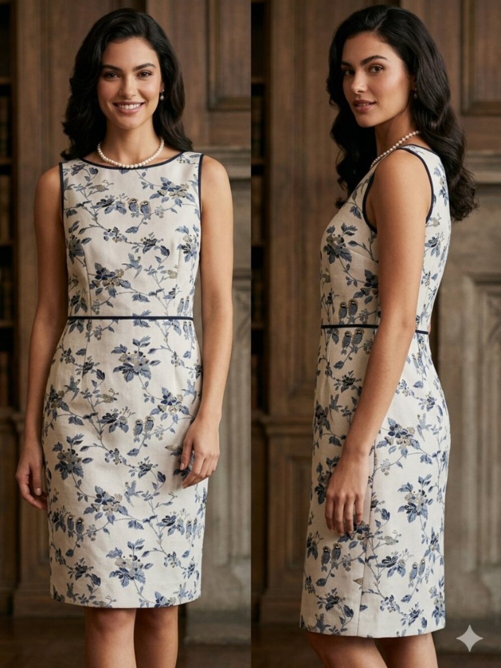 Ann Taylor Sleeveless Crew Neck Old Money White Blue Gray Print Dress Size Large